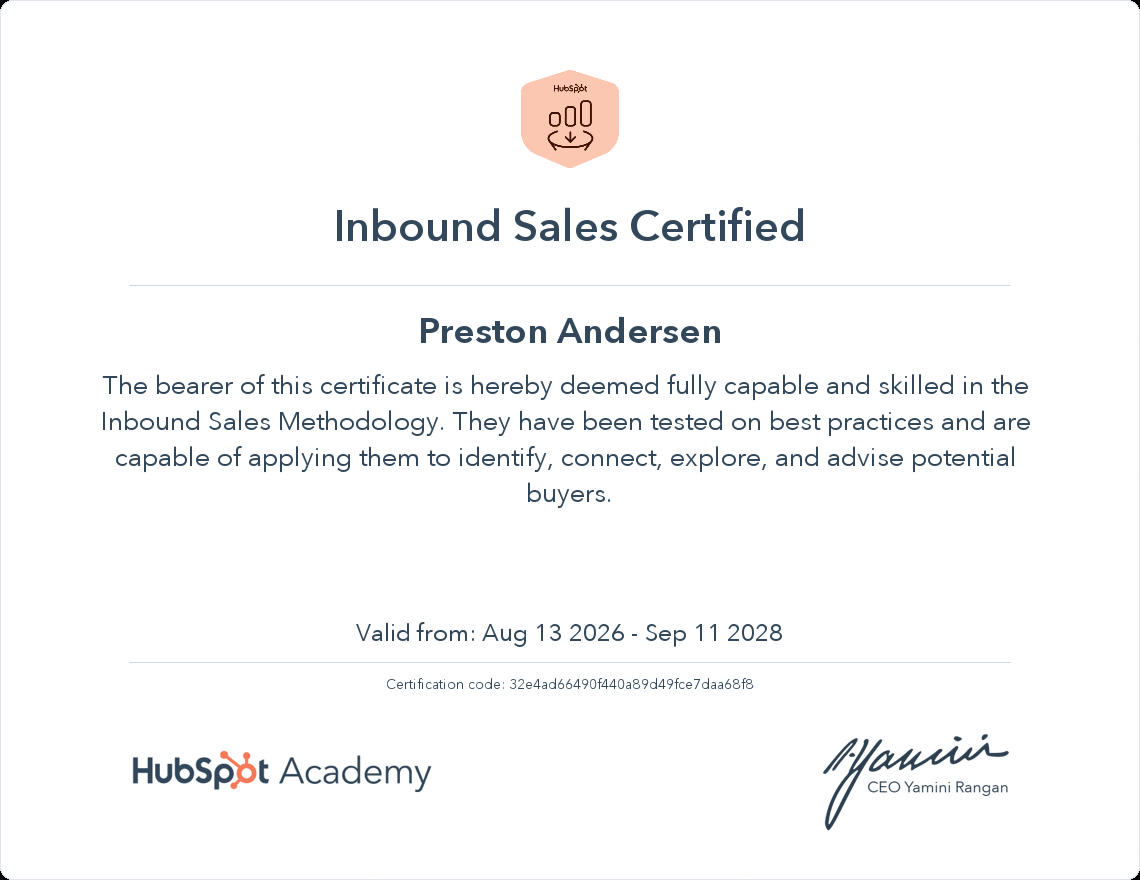 HubSpot Inbound Sales Certified certificate awarded to Preston Andersen