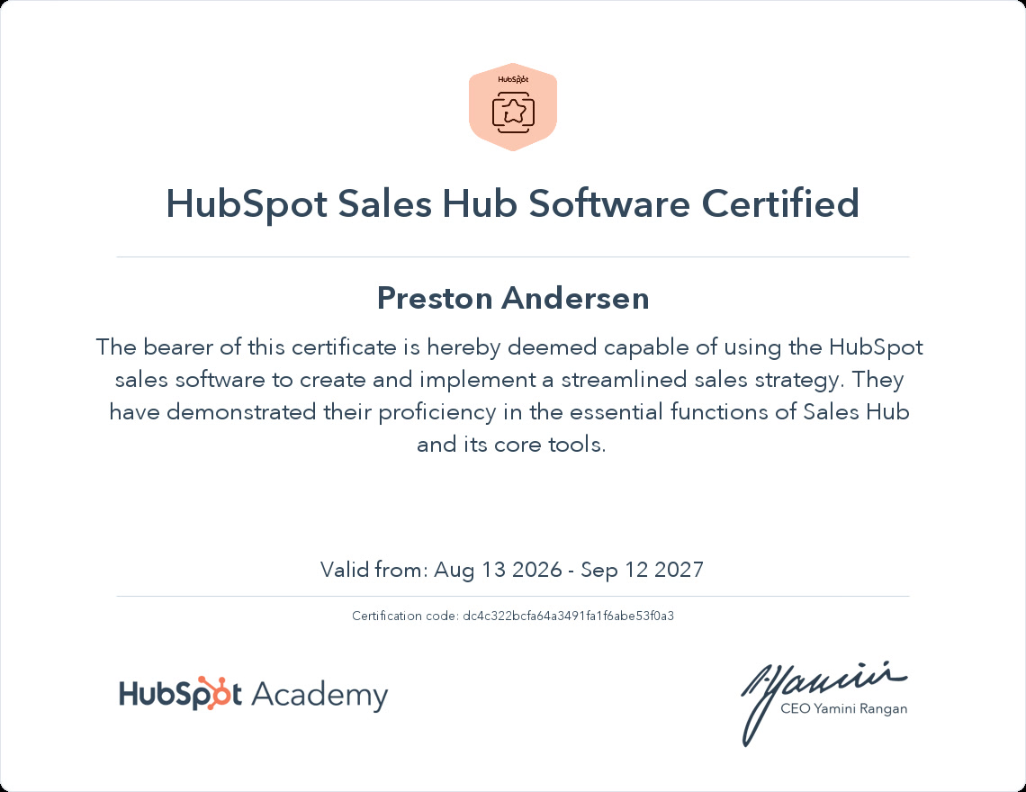 HubSpot Sales Hub Software Certified certificate awarded to Preston Andersen