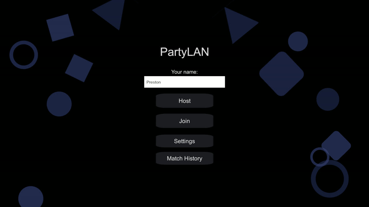 PartyLAN main menu with Host, Join, Settings, and Match History options