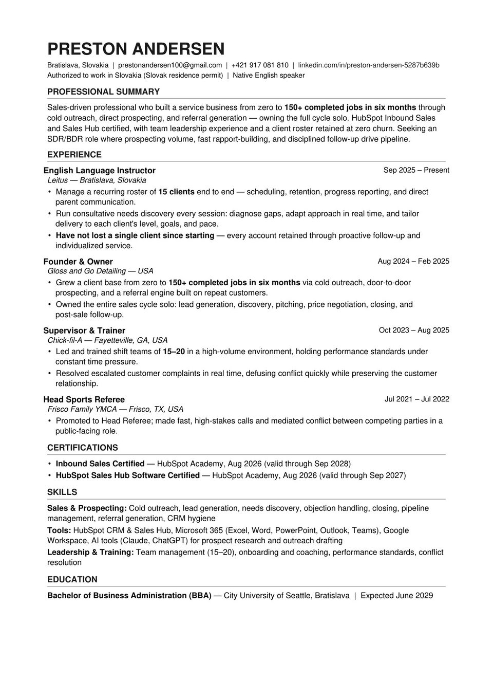 Preview of Preston Andersen's one-page SDR/BDR resume