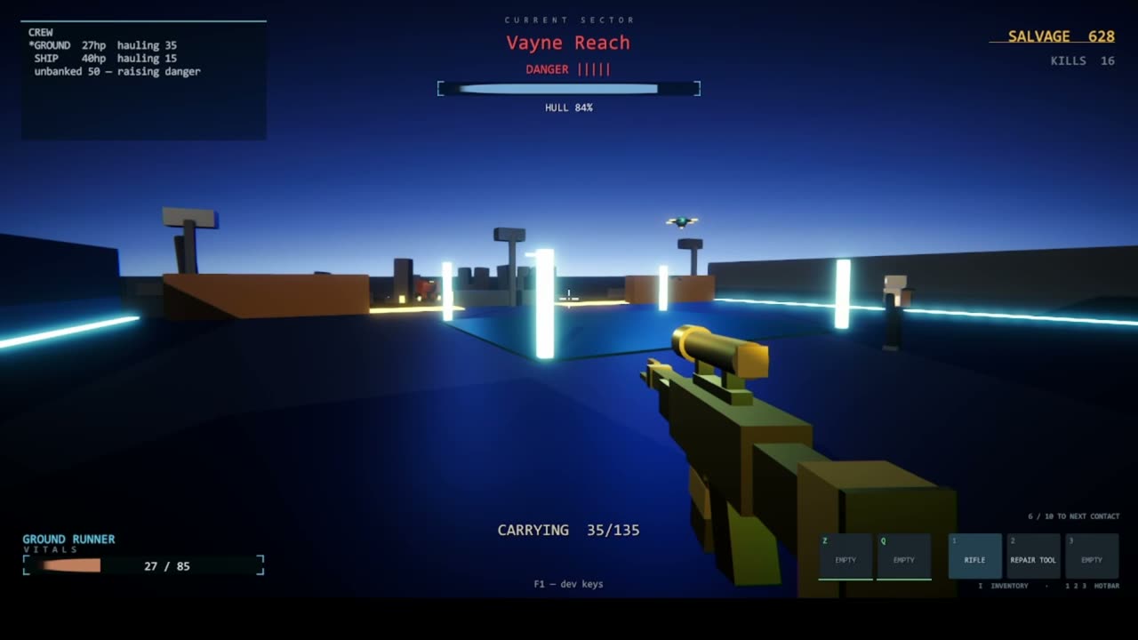 SalvageRun gameplay HUD showing crew status, salvage counter, and rifle in hand